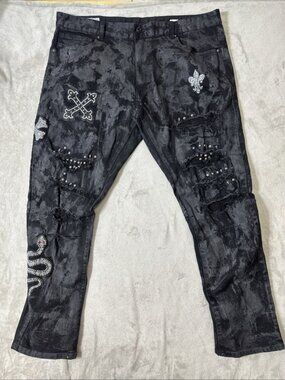 Smoke Rise Distressed Jeans Mens 42x32 Black Studded Rhinestone Biker Denim